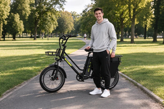 Smiling young man standing next to black KOOLUX cargo electric bike with front basket and rear storage box in sunny city park