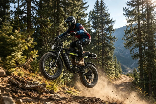 Rider with helmet jumping on KOOLUX fat tire electric bike over rocky forest trail, mountain wilderness background, off-road adventure