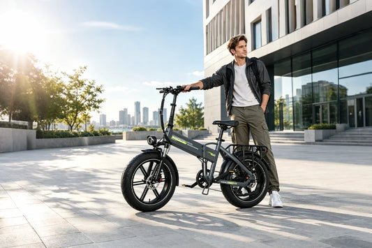 Young man in gray jacket and khaki pants standing beside gray KOOLUX foldable fat tire electric bike in front of glass office building, city skyline across river in background, sunny morning light, comfortable city ebike setup
