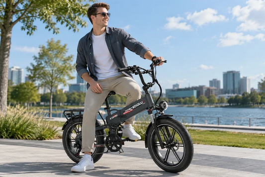 Smiling man riding KOOLUX X12PRO fat tire folding electric bike by waterfront city park, commuter e‑bicycle outdoor lifestyle shot