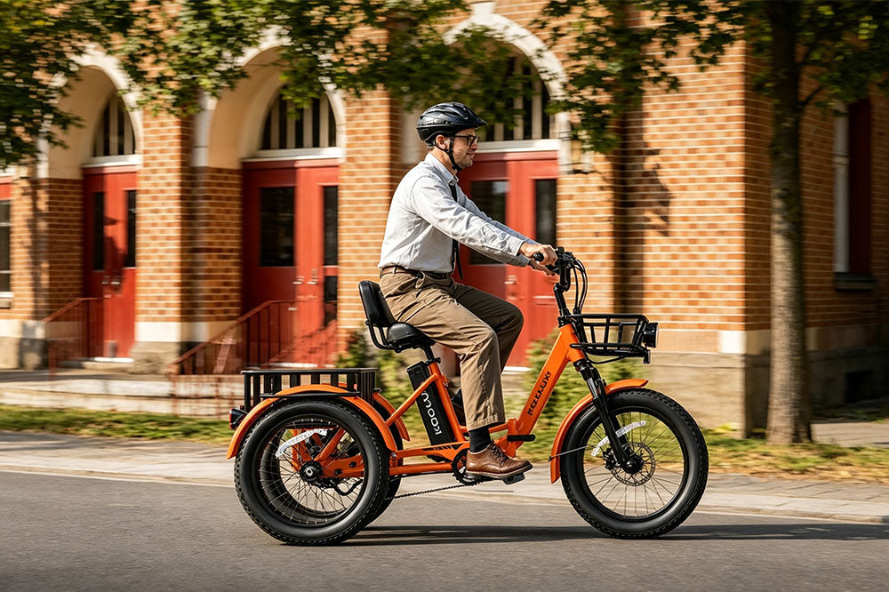 Helmeted businessman riding orange KOOLUX fat tire electric tricycle on city street, brick building urban backdrop, front and rear storage baskets