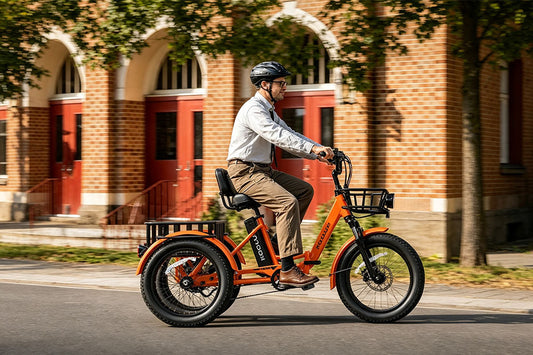 Helmeted businessman riding orange KOOLUX fat tire electric tricycle on city street, brick building urban backdrop, front and rear storage baskets