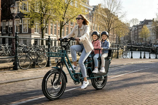 Woman riding green long‑tail cargo electric bicycle carrying two helmeted children, cycling along Amsterdam‑style canal brick street for family daily transport