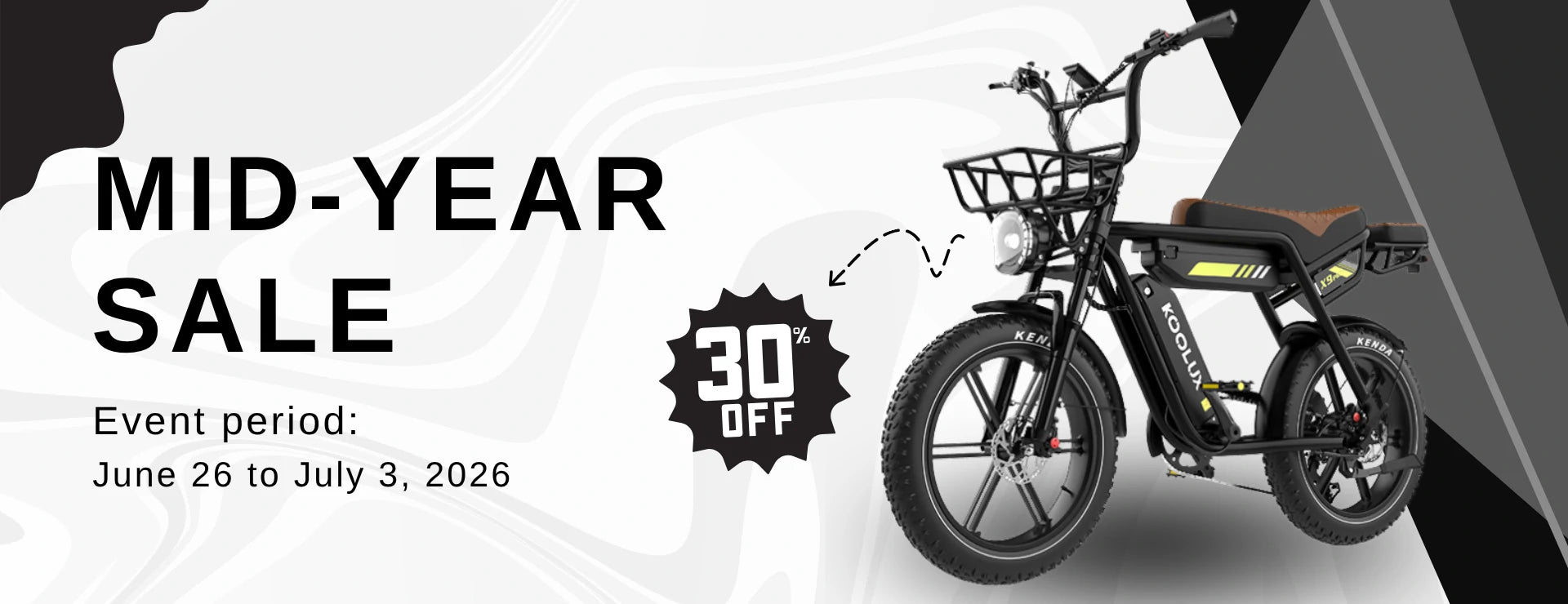 Full-width website banner Mid-Year Sale for KOOLUX dual seat fat tire electric bicycle, 30% OFF star burst badge, black and white wavy minimalist background, event date 6.26-7.3 2026